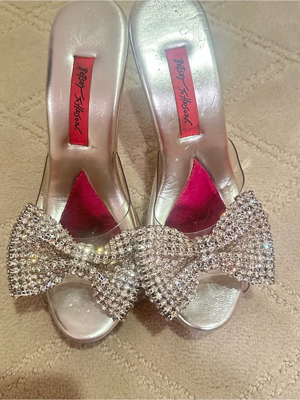 Betsey Johnson Silver Crystal Bow Slide Mules